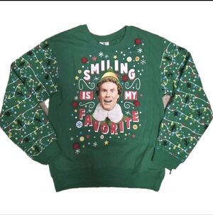 Elf Women's Kids Sweatshirt Smiling Is My Favorite Size Medium Green Christmas